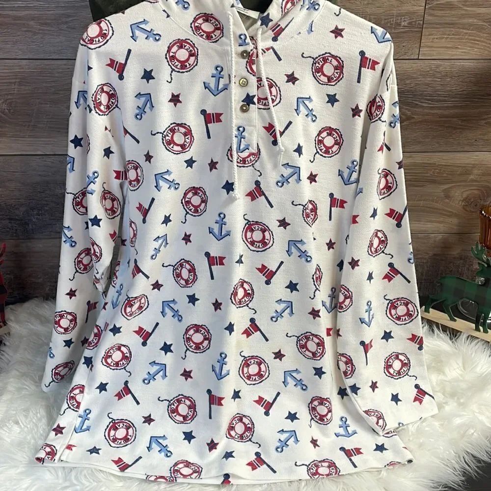 Amanda Stewart Ladies Long Sleeve Pullover Naitical Hooded Top , Size M